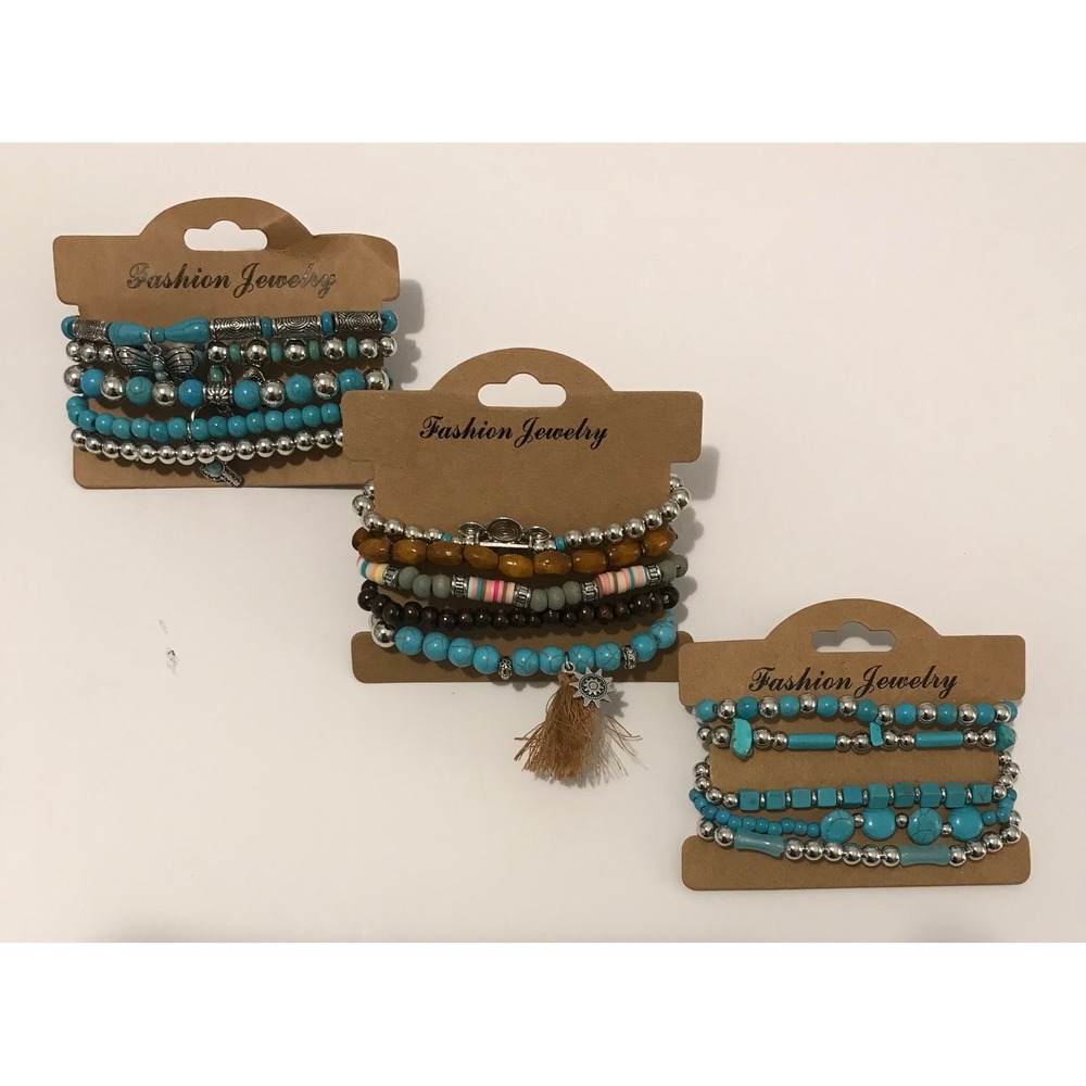 Bohemian Beaded Bracelet Sets Turquoise Silver Wood Tassel Butterfly Charms 3pk - Picture 2 of 5